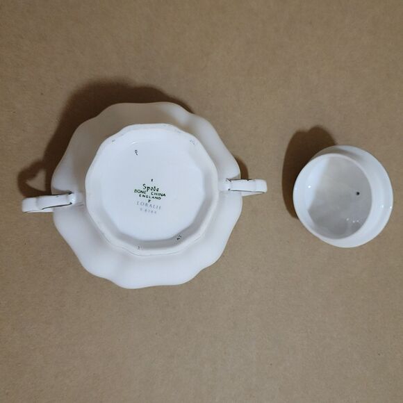 Spode Loralie Sugar Bowl with Lid Scalloped White Grey Teal Floral 4.75" Tall - Picture 6 of 9